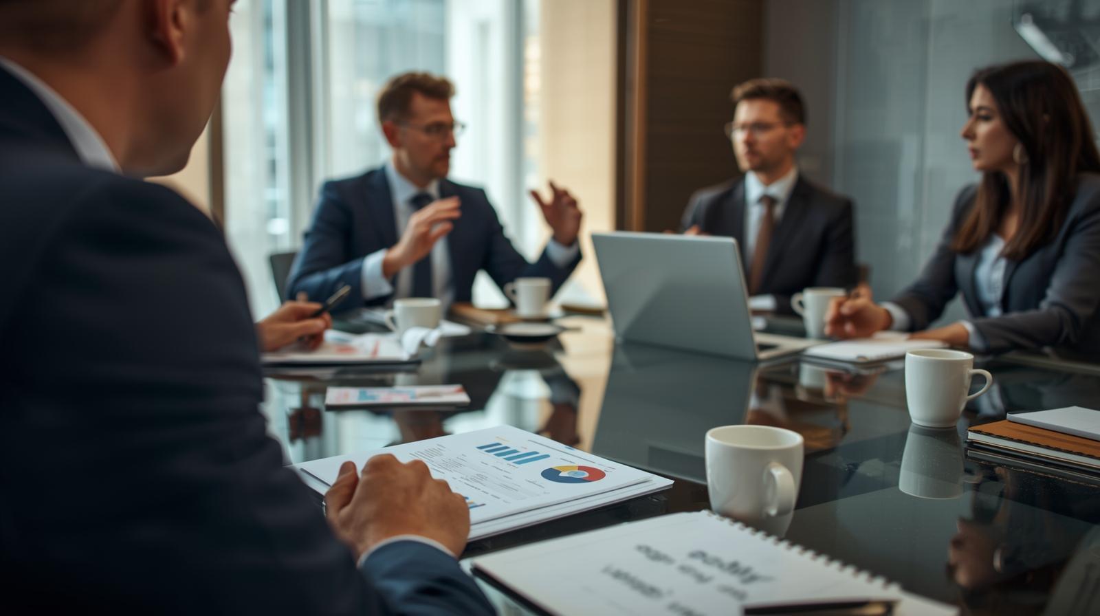 Business professionals in a meeting discussing charts and a laptop.